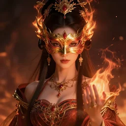 portrait of a beautiful female fire mage immortal with a mask, elegant, fancy dess, ornaments, highly detailed, beautiful, cinematic lighting, 2 d animate style, mesmerizing, 8 k hd, artstation, by hideyuki morioka, ito ogure, vofan, greg rutkowski, victo ngai, artgerm