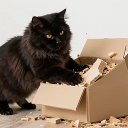 fluffy black cat giant destroying boxes