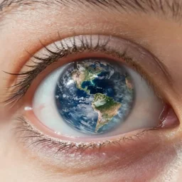 an extreme closeup of an eye reflected in the eye is Earth shrinking away, highly reflective, realistic reflections, realistic lighting, photo realistic, awe inspiring
