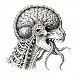 hyper-detailed expert color pencil antique medical illustration of Kaiju head cross-section, nautilus brain, ribcage, xhenomorph, with tentacles coming out of open mouth and exposed jaw bone, spinal column, cerebral corpus callosum, vastus lateralis, cerebellar peduncle, interventricular foramen, symmetrical H 832