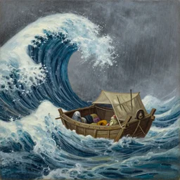 the rains stopped and the ark comes to rest on mount ararat. incoming gigantic wave, by jeffrey smith, oil on canvas