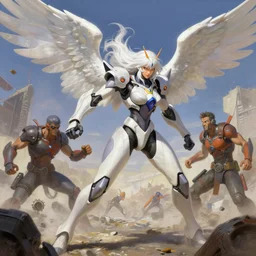 greg manchess painting of a 2 yorha type a no. 2 as mercy from overwatch!! in a battlefield fighting, white long hair, large white wings, organic painting, trending on artstation, by huang guangjian and gil elvgren and sachin teng