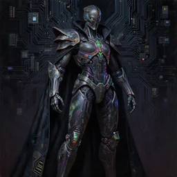 dark cyborg armour cloak entity made of intricate hyper - complex circuitry and microchips, iridescent, warrior assassin, black full body, colorful, intricate linework, gothic baroque, intimidating athletic, magical, realistic oil painting, artstation, rutkowski, wlop, chebokha, artgerm