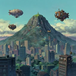 A mountain of despair by Jon Mess, The mountain is in the middle of a city by Mattias Adolfsson, the city buildings are in studio ghibli style, the city has a lofi aesthetic, illustrative art of small steampunk airships flying around the city by Vincent Di Fate, little animal people are flying the airships by Ross Tran
