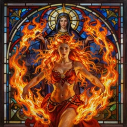 ultra realist breathtaking detailed soft painting of a beautiful fire dancer girl, long fire hair, symmetrical facial features, christian saint, in the middle of an intricate stained glass of flames, art nouveau frame, by wlop, Tom Bagshaw, trending on artstation