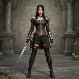 full body photo of beautiful steampunk rogue with daggers