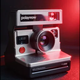 analog vintage photography polaroid of a futuristic chrome camera lens, red color bleed, heavy film grain, bloom, glow