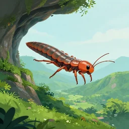 “a majestic flying centipede coming out of a cave on the side of a lush mountain, stunning digital art”