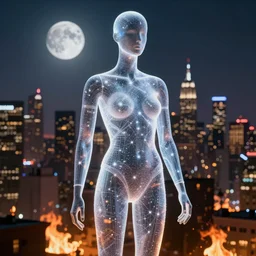 beautiful 3 d render of a mannequin made of starlight, city of los angeles on fire in the background, moon in background, transcendent, 4 k, trending on artstation, award winning, photorealistic, clean line - work, dramatic, finely detailed, volumetric lighting, octane render