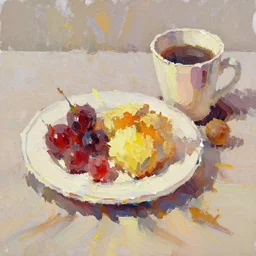 oil painting of breakfast with berries and coffee, thick strokes, vibrant, colorful