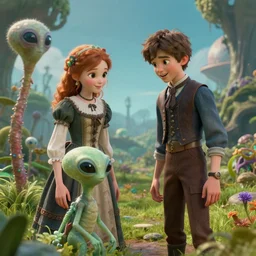 a girl and a boy standing next to some alien plants, looking happy, wearing victorian clothes, they are playing with their small pet alien creature, in a park on a alien planet, extremely high details, ultra realistic facial details, ultra photorealistic raytracing, octane, trending on artstation, 8k