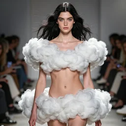 natasha wearing an outfit made from clouds, at new york fashion week, lush black hair, average physique, freckled pale skin, eastern european, photo by steve mccurry and greg rutkowski, stage lighting, female beauty, intricate detail, risque fashion, elegance, 3 5 mm, depth of field, masterpiece