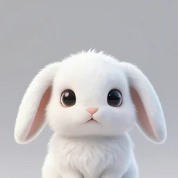 innocent-eyed fantasy creature with pure white fur coat, drooping rabbity ears, and cute little fangs. Cartoon character concept.