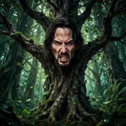 highly detailed horror movie poster with angry creepy keanu reeves as a tree, keanu reeves faces in the bark of many trees sentient leafy catastrophe by greg rutkowski, masterpiece, really funny, 1 0 / 1 0 creepy