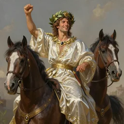 a handsome man weaing a silk robe, happy and disarmed, laurels of glory, returns to home triunphantly mounted in a horse. full of pride. victorirous. prideful.. intricate, elegant, highly detailed, digital painting, artstation, concept art, sharp focus, illustration, by justin gerard and artgerm, 8 k