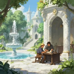 Blacksmith building inside a beautiful elven city made of white marble, anime, lush trees, fountain, a fantasy digital painting by Greg Rutkowski and James Gurney, trending on Artstation, highly detailed