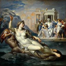a mix between the raft of the medusa and the school of athens, matte painting, oil canvas, photorealistic illustration, extreme detail, hyper realistic, highly detailed