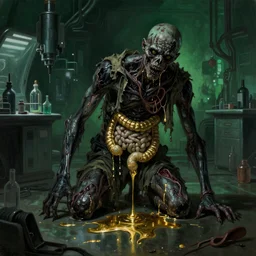 dark green sci-fi lab at night, realistic gustave coubert painting of black onyx skin horror zombie dressed in rags exposed guts crawling in two legs and dripping golden metalic fluid from intestine into a puddle of golden liquid on the floor.