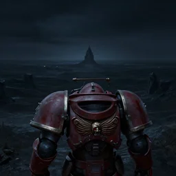 A blood angel space marine in the foreground. Scenic view at night, underexposed, clean horizon, matte painting by craig mullins and dan mumford, cinematic, high fantasy, style of game of thrones, concept art trending on artstation, 4k, insane details