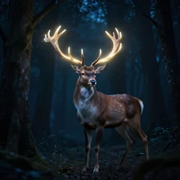 deer god, with glowing antlers, night forest, mystical