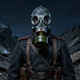 portrait of futuristic world war 1 russian soldier with gp - 5 gas mask on top of a giant debris pile, dark night background, black and blue colors, high details, dripping paint, greg rutkowski, craig mullins, ash thorpe, fibonacci rhythm ar