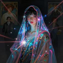 awe-inspiring award-winning concept art full body face portrait painting of lithe, petite, attractive anglerfish cyberpunk Ashley Liao in neon shrouds as the goddess of lasers, sparks, by Julie Bell, Jean Delville, Virgil Finlay, Alphonse Mucha, Ayami Kojima, Amano, Charlie Bowater, Karol Bak, Greg Hildebrandt, Jean Delville, Frank Frazetta, Peter Kemp, and Pierre Puvis de Chavannesa, extremely moody lighting, glowing light and shadow, atmospheric, shadowy, cinematic, 8K,