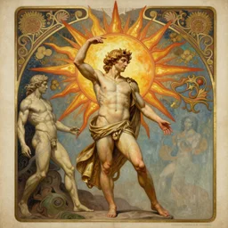 hyper realistic drawing of the god apollo, in the style of the vitruvian man, turning into a stylized sun, hr giger, manuscript, bussiere, art nouveau, extremely detailed, intricate border, horror mood, sinister mood
