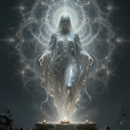 faceless, shaman, cultist, lovecraftian, surreal, shrouded figure, powerful being, plant spirit, fractal entity, spirit guide, light being, pearlescent, shiny, glowing, ascending, beautiful, subtle pattern, trending on artstation, fractal pattern, sacred geometry by peter mohrbacher, highly detailed, professional art, illustration, cult, sacrificial altar, levitating