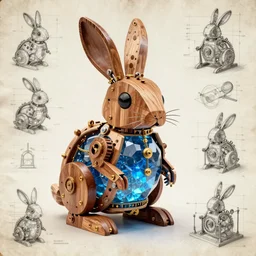 mechanical rabbit with a crystal inside, steampunk design, made of woods, the crystal inside the rabbit is blue, art by Leonardo da Vinci, drawn projects on paper, instructions to build it