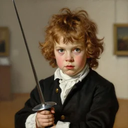 museum painting, close - up, 1 7 years old boy, auburn curly hair, messy, mischievous face, dressed in 1 8 th century clothes, black, white, holds a fencing sword, sharp focus, highly detailed, matte painting, leyendecker, artgerm, rutkowski