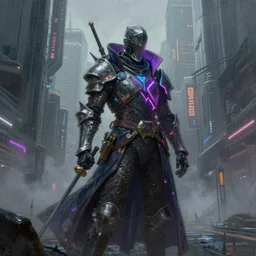 an epic portrait of a cyberpunk knight wearing a neon wizard's cloak posing in a foggy megacity, Night City, cyberpunk 2077, brutalist international futurist, muted neon and constant rain and fog, unreal 5, DAZ, detailed, soft focus, brilliant colors, high contrast, brilliant highlights, 4k, 8k, HD, trending on artstation, trending on DeviantArt, painting oil on canvas illustration by Alena Aenmai by Wayne Barlowe by Gerald Brom by Noah Bradley by Thomas Kincade
