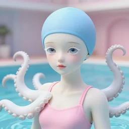 full head and shoulders, beautiful porcelain female person, smooth, delicate facial features, big detailed eyes, white lashes, wearing a pale blue swimming cap and pale pink swimming costume, 3 d white large octopus tentacles, standing in a pastel soviet swimming pool, by daniel arsham and james jean