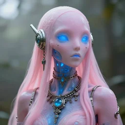 natural light, soft focus portrait of a cyberpunk anthropomorphic ghost with soft synthetic pink skin, blue bioluminescent plastics, smooth shiny metal, elaborate ornate jewellery, piercings, skin textures, by annie leibovitz, paul lehr