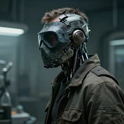 a half - masked rugged laboratory technician man with cybernetic enhancements as seen from a distance, scifi character portrait by greg rutkowski, esuthio, craig mullins, 1 / 4 headshot, cinematic lighting, dystopian scifi gear, gloomy, profile picture, mechanical, cyborg, half robot, implants, dieselpunk