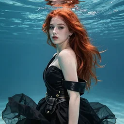 portrait of a girl with long red hair in a black dress, under water, very beautiful style, girl wrapped in leather salwar bag black, photorealism jared french, george tucker