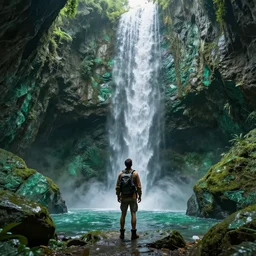 an explorer lookup up at a giant portal made of green marble, deep underground waterfalls, beautiful matte painting, ultra detailed, 8 k render