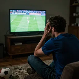 a football fan in a dark and filthy room getting upset as he watches a game on a bright television