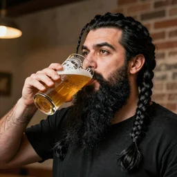 Jean Giraud style long black forked braid beard thick eyebrows man with black hair drinking a pint of beer