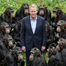 a large group of chimpanzees surrounding jim cramer