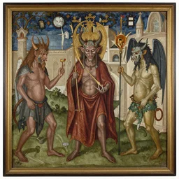 a Panel painting of medieval demons and monsters