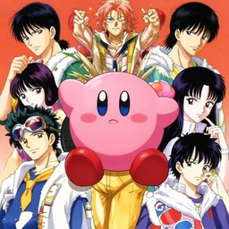 kirby morphed into girl, kyoto animation, kentaro miura, hirohiko araki, junji ito, sui ishida, go nagai, eiichiro oda, yusuke murata, hiromu arakawa