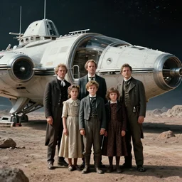 sharp, highly detailed, 9216k film, 175000mm film still from a sci fi blockbuster color movie made in 2019, set in 1860, of a family standing in front of their spaceship, on an alien planet, the family are all wearing 1860s era clothes, good lighting, in focus, 350mm f/1.4L lens