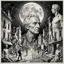 old white - headed man under the huge moon on a street of ruined city by beksinski and takato yamamoto and austin osman spare and edward hopper and mark ryden and tsutomu nihei, very coherent, baroque elements, perfect anatomy, intricate design. deconstructed image.