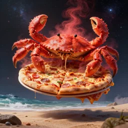 a layered pizza dream boat floating in the cubic space of cosmic terror, cinematic, hyper realism, high detail, octane render, unreal engine, blobfish made of pizza on the beach, ( crab ) covered in pizza with red mist coming out the pizza, by petros afshar and chiho aoshima