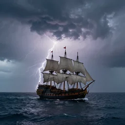 a thunderstorm in the sea, a pirate ship sailing in the middle, action photo, sigma 2 8 mm, nikon