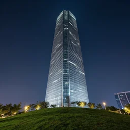 epic professional digital art of a modern tall building over a grass small mountain, at night, best on artstation, cgsociety, wlop, Behance, pixiv, astonishing, impressive, outstanding, epic, cinematic, stunning, gorgeous, much detail, much wow, masterpiece.