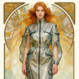 a realistic portrait by alphonse mucha of a russian girl detailed features wearing a cargo wedding dress - sporty, sleek, tech utility - chic trend. lots of zippers, pockets, synthetic materials, jumpsuits chic'techno fashion trend by issey miyake and balenciaga