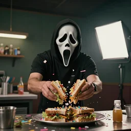 film still of rip taylor working at sunway throwing confetti on sandwiches in the new scream 6 movie, 8 k, 8 5 mm f 1. 8, rim light, right sidr key light