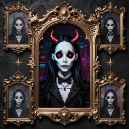 baroque bedazzled gothic royalty frames surrounding a pixelsort emo demonic horrorcore Japanese Edward Scissorhands, chromatic aberration, sharpened VHS footage