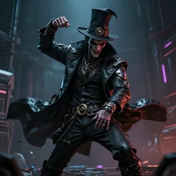 a portrait of a evil magician dancing techno - style, cyberpunk concept art, trending on artstation, highly detailed, intricate, sharp focus, digital art, 8 k